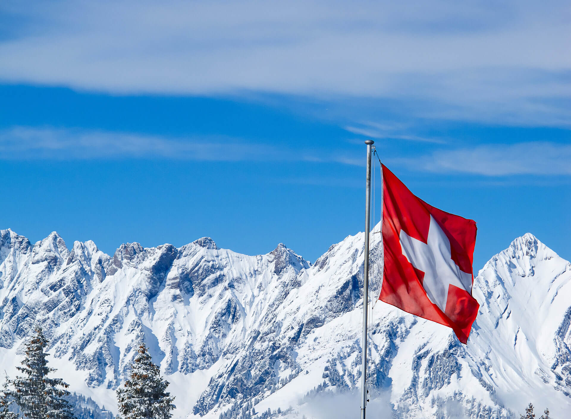 Panorama des montagnes suisses avec des sommets enneigés et un ciel dégagé